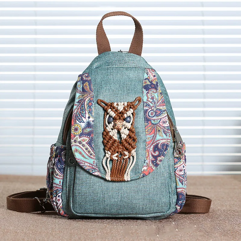 

Ethnic Style New Hand Woven Owl Canvas Women Backpack Tassel School Teens Literary Backpack Travel Large Cotton Linen Back Pack