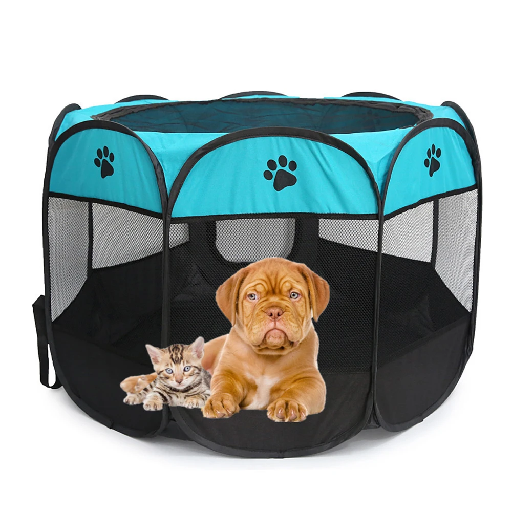 

Blue Portable Folding Travel Dog House Pet Tent Mesh Oxford Waterproof Cat Puppy Kennel Octagonal Fence Outdoor Playpen Supplies