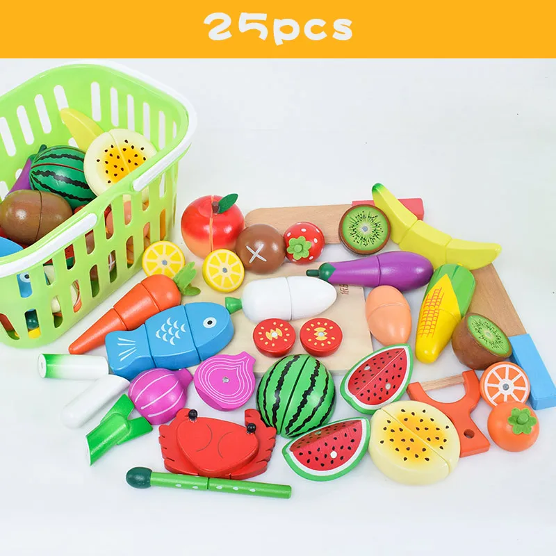 25 pcs set Детские игрушки из дерева, Игрушки для раннего образования, Детские фрукты, овощи, кухонные режущие игрушки, детские ролевые игры, Jouet для дошкольницы - Цвет: 25 pcs set