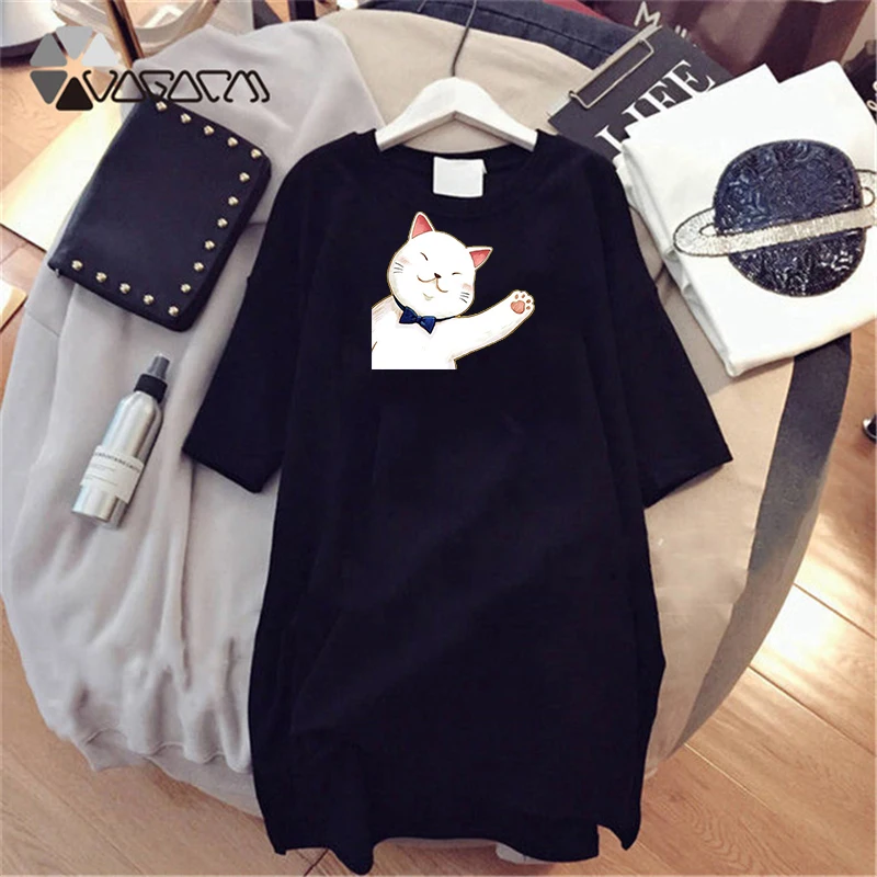 Cute Cat Summer Women Night Dress Print Short Sleeve White Nightgown Casual Loose Clothes   Kawaii Sleepwear Vestido