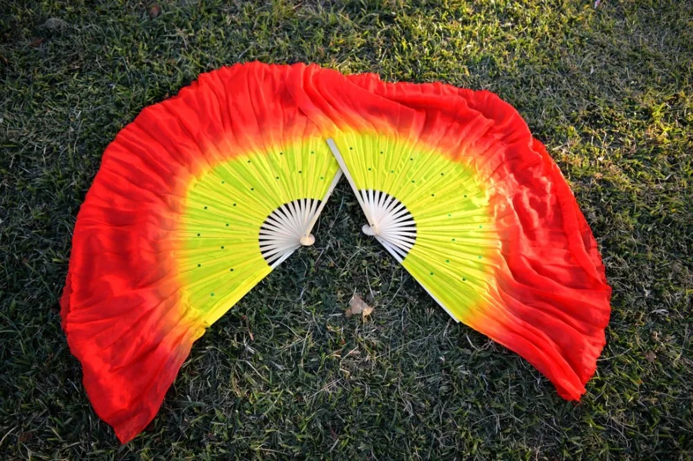 

2018 women of high quality silk Chinese belly dance dance fan cheap hot yellow + red double short silk fan