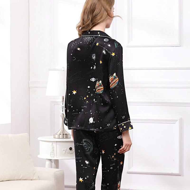 Elegance starry sky 100% natural silk pajamas sets women Fashion black long sleeve nightwear genuine silk noble pyjamas women