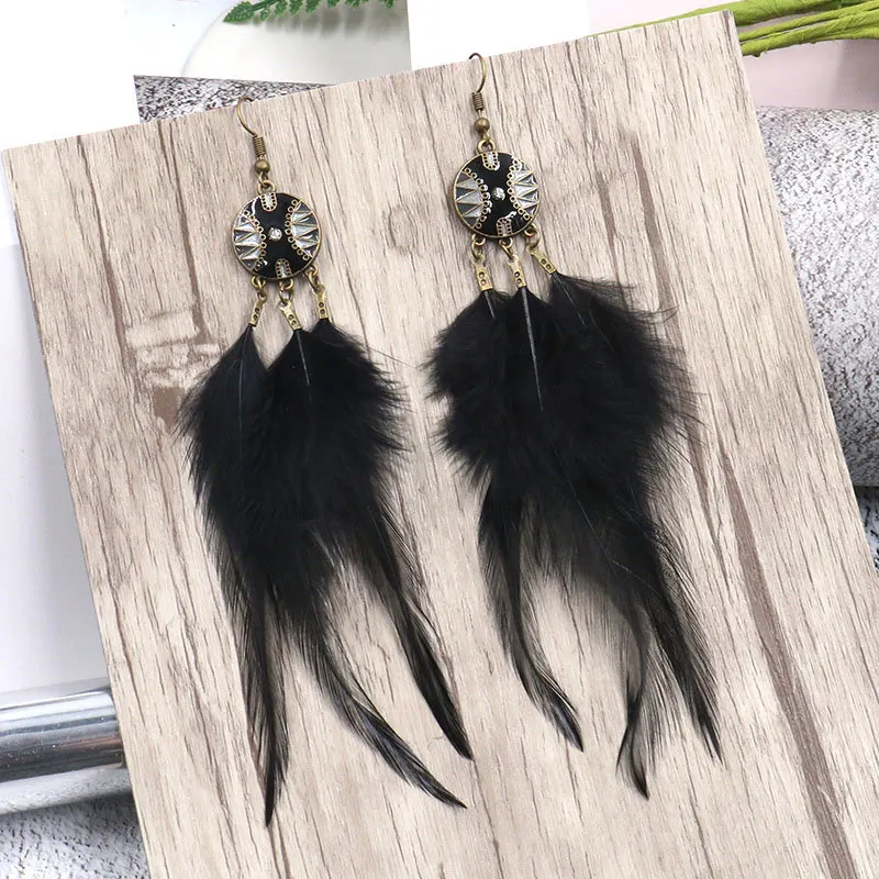 Женские длинные серьги-кисточки Boho с черным пером в этническом стиле