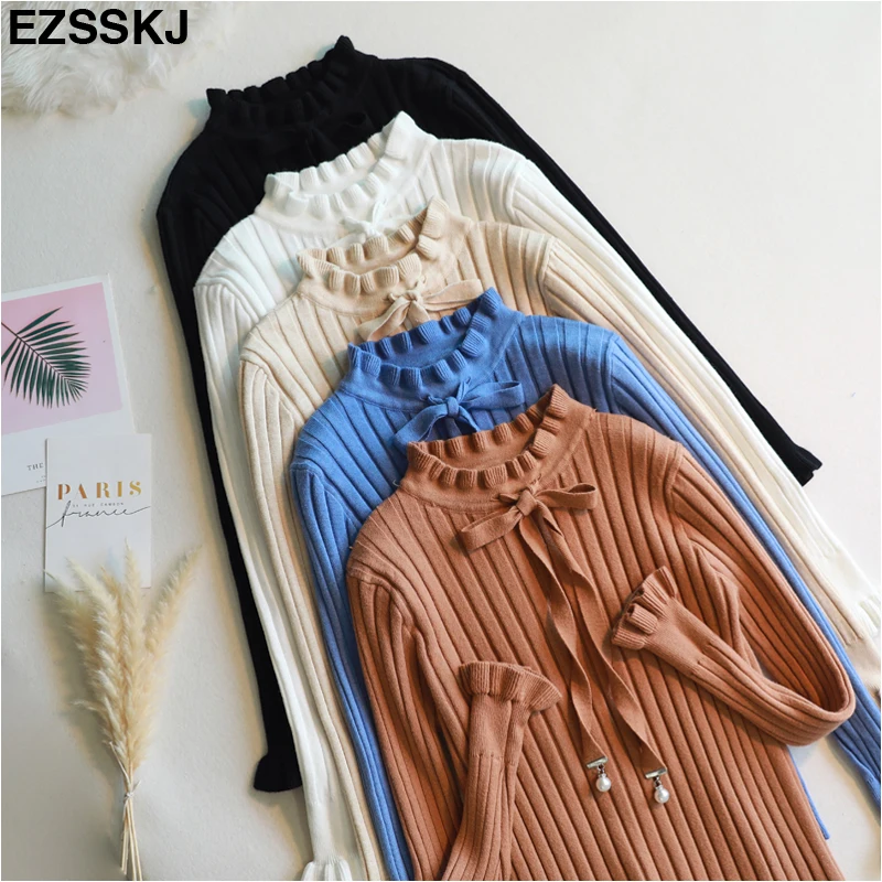 NEW vintage thick Autumn Winter Sweater pullovers Women ruffled collar Long Sleeve bow sweater female soft pullover top | Женская одежда
