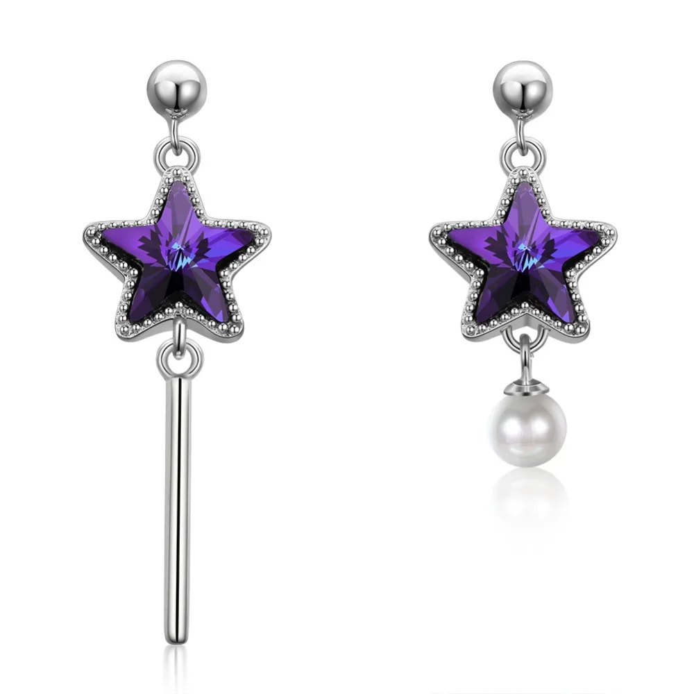 Женские асимметричные серьги Swarovski подвески с фиолетовыми звездами и жемчугом
