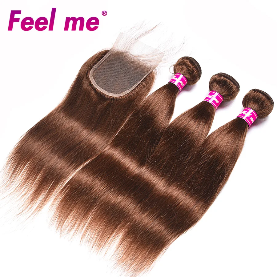 FEEL ME Pre-colored Raw Indian Hair 3 Bundles with Closure #4 Ombre Med Brown Straight Human Weaves | Шиньоны и парики