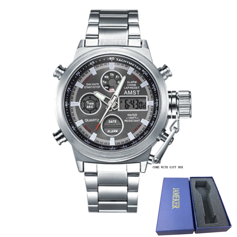 silver black AMST Роскошные Лидирующий бренд мужские часы из нержавеющей стали Мужские кварцевые цифровые аналоговые светодиодный часы мужские спортивные наручные часы Relogio Masculino - Цвет: silver black