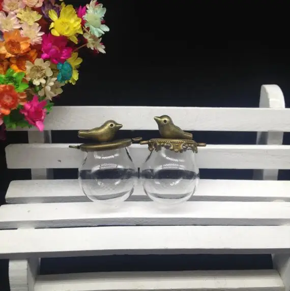 

100pcs 25*15mm Glass globe bronze plated base bird glass vials pendant glass wishing bottle necklace glass dome cover jars vase