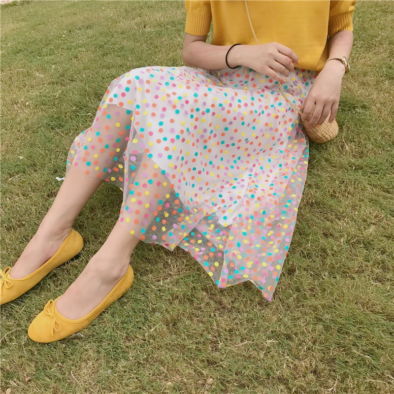 Dreamy/Цветная юбка из прозрачной ткани в горошек с эластичной резинкой на талии; юбка принцессы для молодых девушек; Jupe Femme Falda Mujer Gonne'll Saia