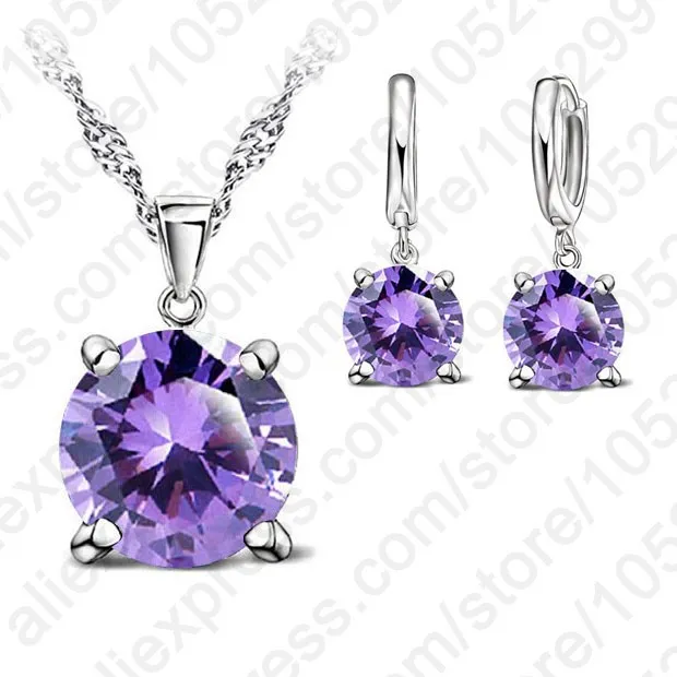 purple 925 пробы серебряные Ювелирные наборы 4 когти кубический цирконий CZ кулон ожерелье серьги Модные ювелирные изделия для женщин Набор - Окраска металла: purple
