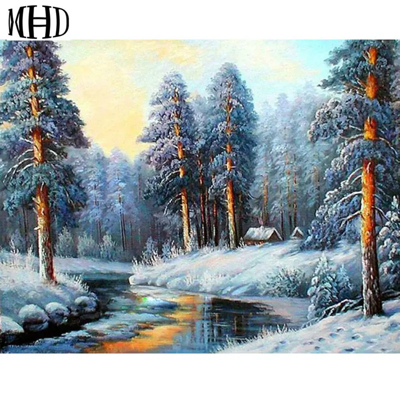 Diy Алмазная Вышивка крестом зимний пейзаж Круглый Кристалл мозаика картина