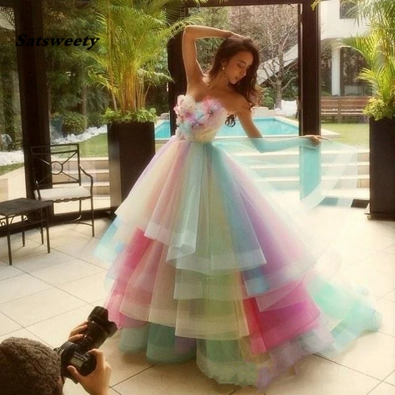 

Colorful Rainbow Ball Gown Prom Dresses Strapless Flowers Tulle Floor Length Bandage Evening Party Dresses