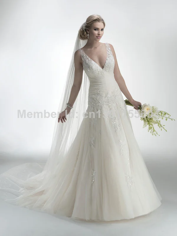 Custom V-neck Poretrait Cap Sleeve Court-Sleeve Court Train Floor-Length A-Line tulle appliques beaded Wedding gown All Size | Свадьбы и