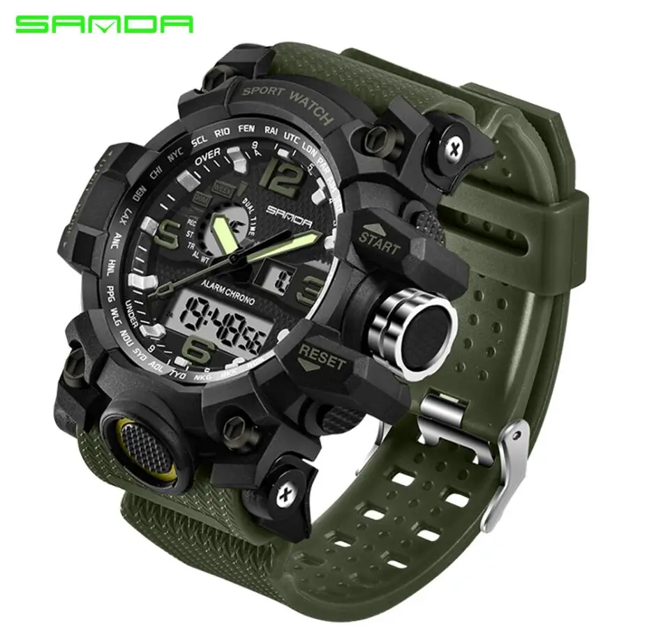 armygreen SANDA, новинка, S Shock, мужские спортивные часы, большой циферблат, спортивные часы для мужчин, люксовый бренд, светодиодный, цифровые, военные, водонепроницаемые, наручные часы - Цвет: armygreen