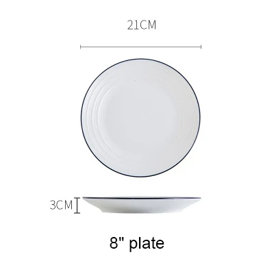 8 inch dish Западная пищевая тарелка, керамическая тарелка для стейка, мелкое блюдо, глубокое блюдо, диск, домашняя посуда, блюдо, простой голубой край, AKUHOME - Цвет: 8 inch dish