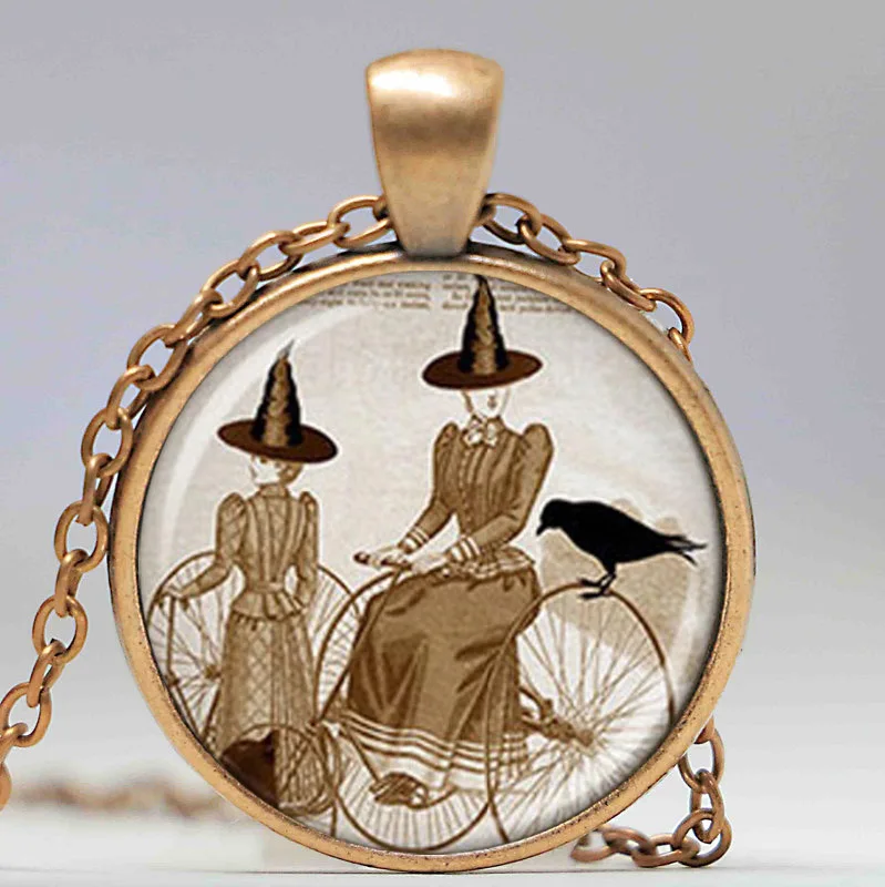 Wholesale Glass Dome cabochon new fashion hot bicycle witch halloween pendant necklace glass dome jewelry for men women | Украшения и