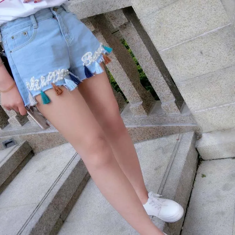 Harajuku женские короткие feminino джинсы с завышенной талией бисером Шорты Большие