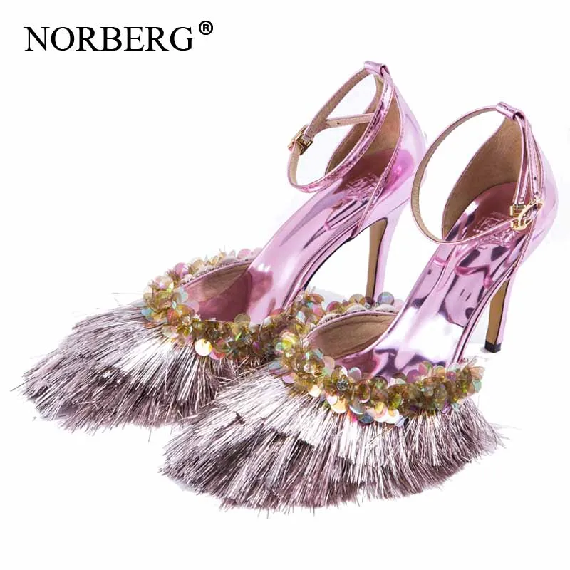 Pink high heel NORBERG/женские туфли на высоком каблуке; дизайн; блестящее зеркало с кисточкой; кожаные свадебные женские босоножки; блестящая модная обувь - Цвет: Pink high heel