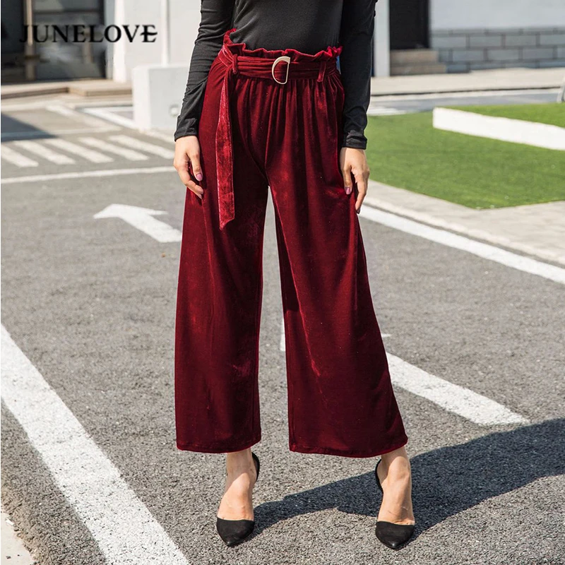 JuneLove 2019 зимние Бархатные широкие плиссированные однотонные брюки женские