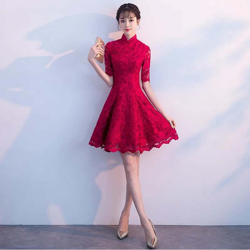 Красное китайское платье с вышивкой Qipao сексуальное Ципао повседневное женское