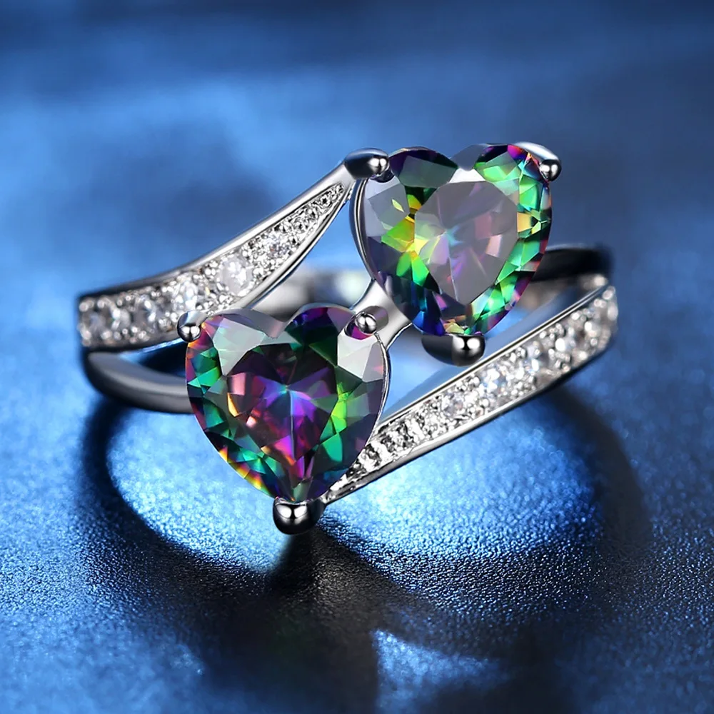 Обручальное кольцо два любовь красочные сердце Fine циркон для Для женщин