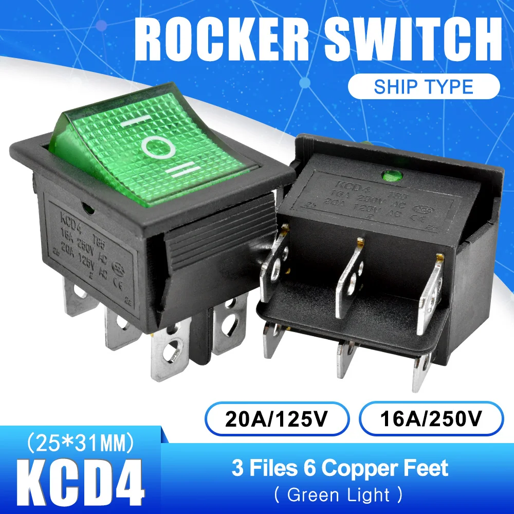 KCD4 Rocker Switch Button ON-OFF-ON 3 Position 6 Pins Electrical Equipment With Light Power Switch 16A 250VAC 250V AC