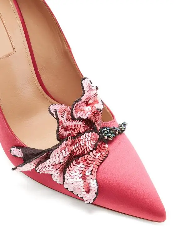 

Hot Fashion Sexy Silver/red Sequined Cloth Slip-On Shoes Pointed Toe Thin Heels Women's Shoes Shallow Bling Flower Ladies Pumps