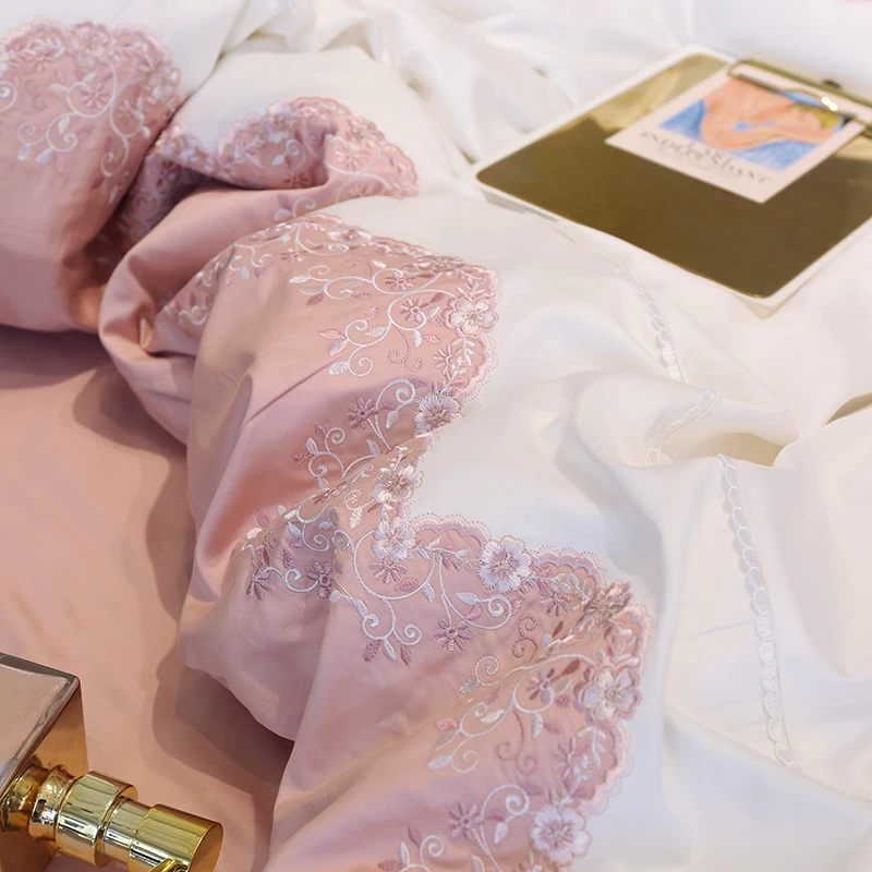 

Luxury Embroidery 60S Egyptian Cotton girls Bedding set King Queen Size White pink Duvet Cover Bed sheet set pillowcases