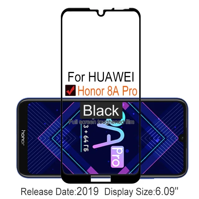 Honor 8A Pro Black 2 шт Полное покрытие закаленное стекло для huawei Honor 8A Pro защита экрана на защитное стекло чехол для JAT L41 пленка - Цвет: Honor 8A Pro Black