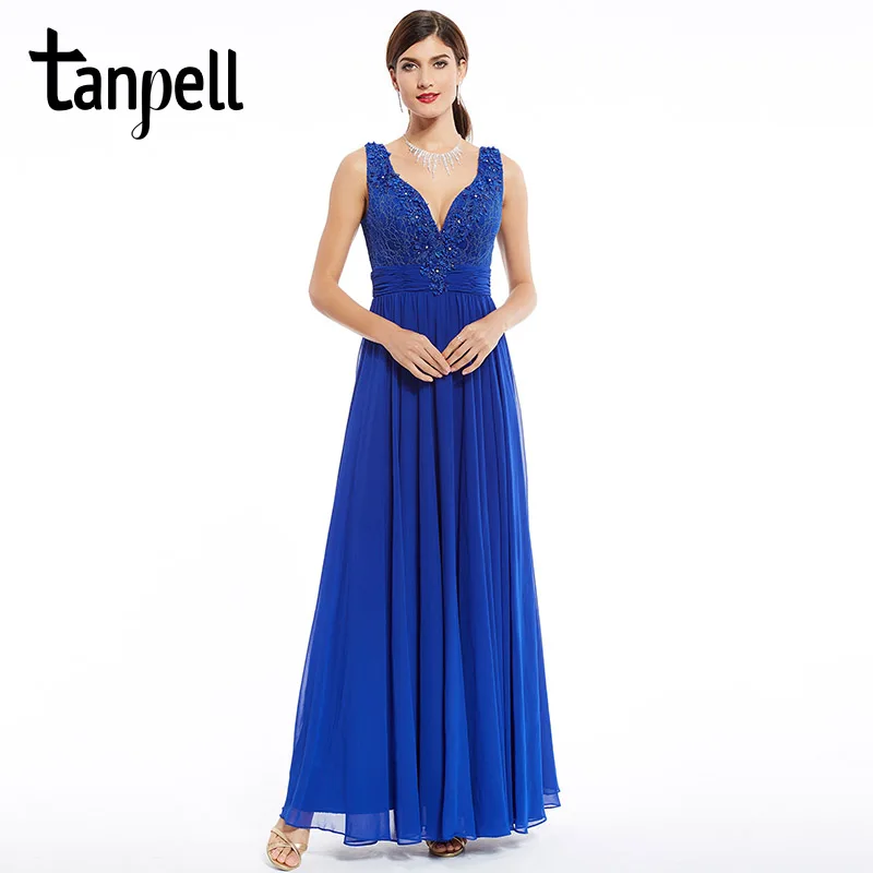 Длинное вечернее платье Tanpell Королевского синего цвета в пол без рукавов с