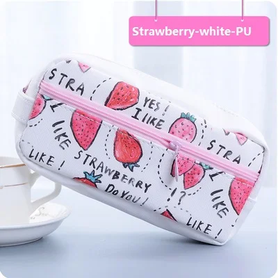 strawberry white PU Kawaii пенал Кошка Холст школьные принадлежности канцелярские принадлежности подарок Cartuchera милый пенал ручка сумка стационарный Чехол Органайзер - Цвет: strawberry white PU