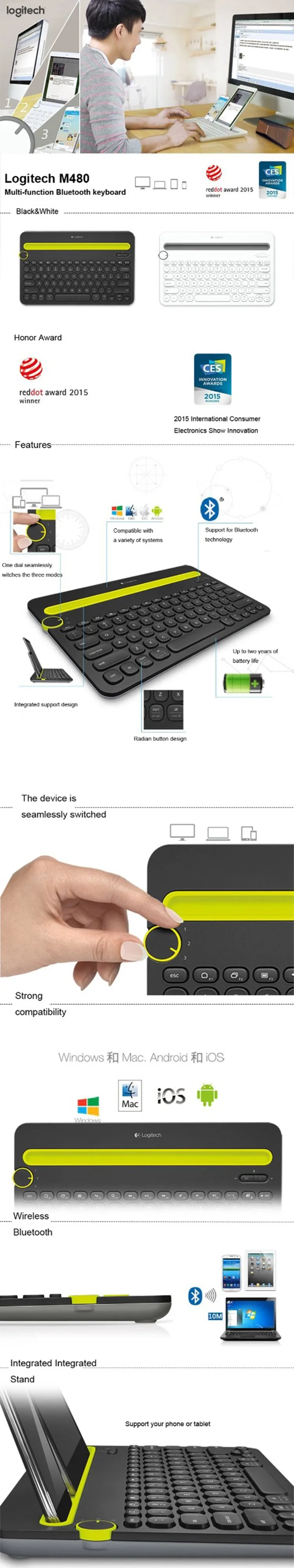 Logitech Bluetooth многофункциональная клавиатура K480 для компьютеров, Планшеты и смартфонов