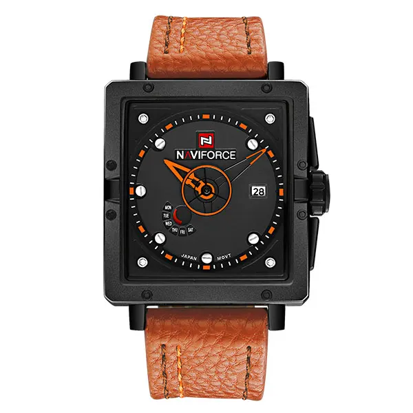 orange NAVIFORCE китайский бренд Мужские часы Роскошные Спортивные кварцевые часы Прямоугольные циферблаты 30 м водонепроницаемый Авто Дата красный кожаный ремешок - Цвет: orange