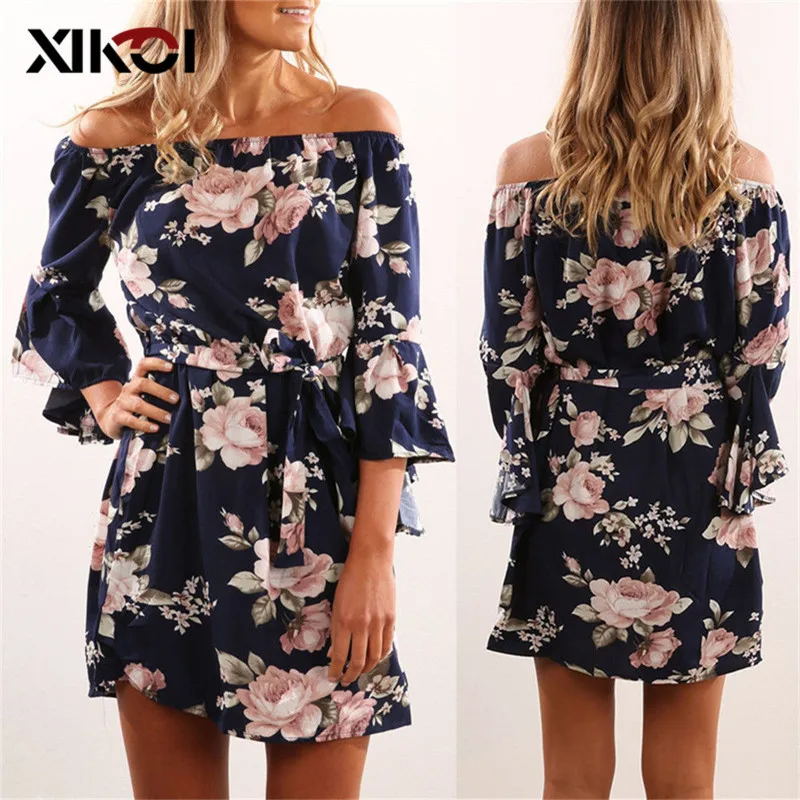 Летние платья XIKOI с вырезом лодочкой и сарафаны туника Пляжное платье цветочным