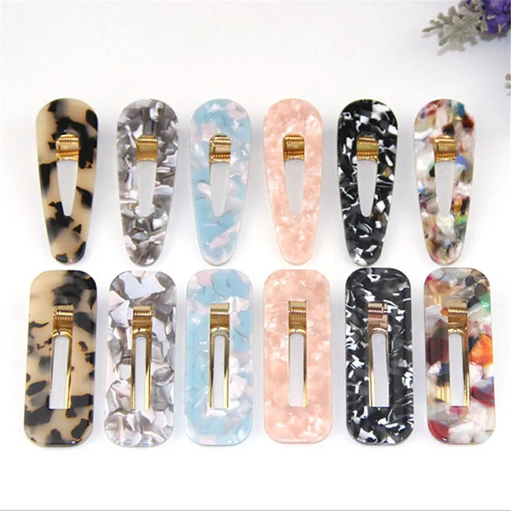 

Women Girls Japanese Style Side Hair Clip Hollow Geometric Water Drop Shape ducktail Hair Grips Colored Marble Texture Printed