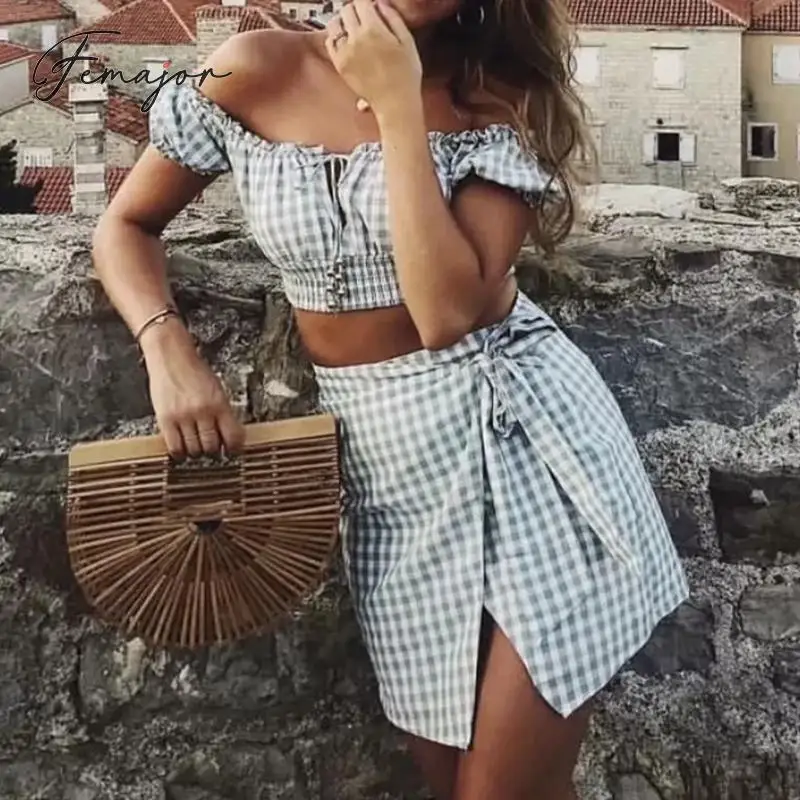 Женские летние комплекты с юбкой Модные клетчатые синие топы открытыми плечами и