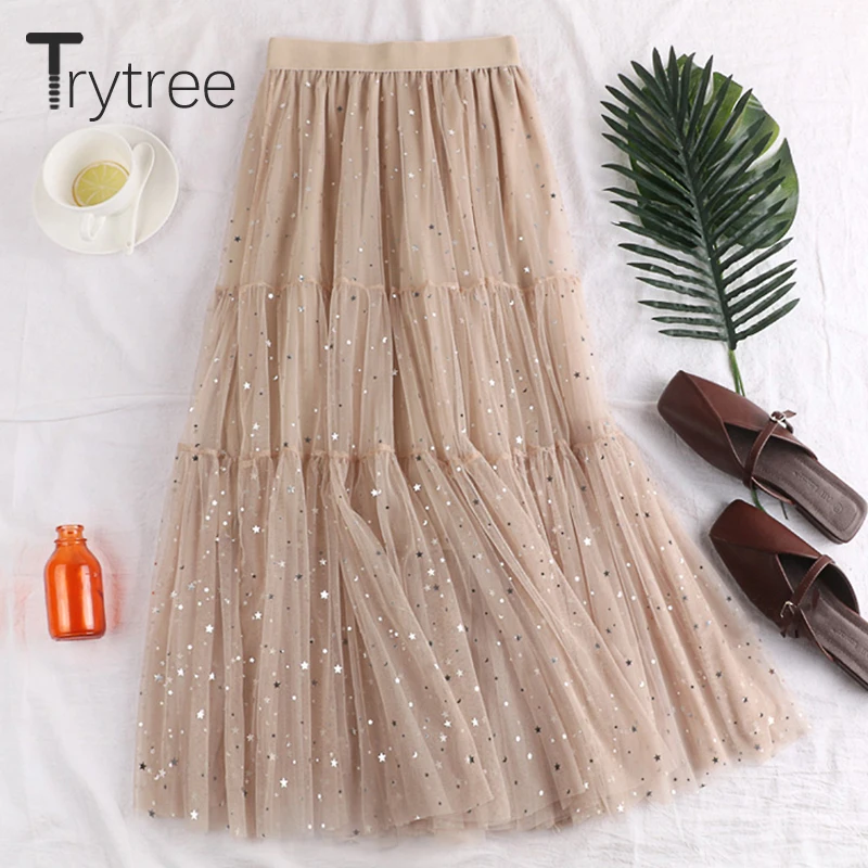Женская двухслойная сетчатая юбка Trytree романтичная Лоскутная трапеция до