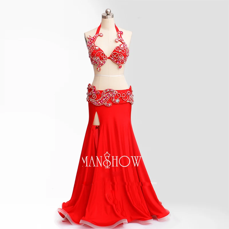 

New Arrival Belly Dance Costumes Hand Made Bra Top+Sexy Split Skirt 2pcs Belly Dance Set Fort Girls Belly Dance Suit Clothing