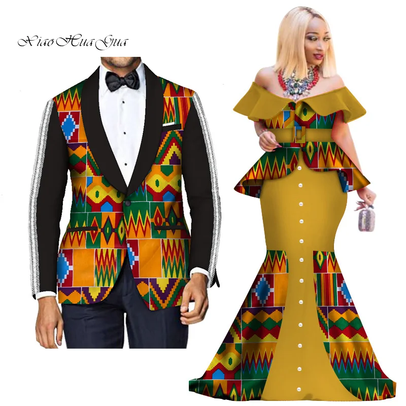 Fashion Custom African Couple Wedding Clothing Dashiki Women Skirt& Men Blazer for Lovers African Traditional Clothing WYQ276