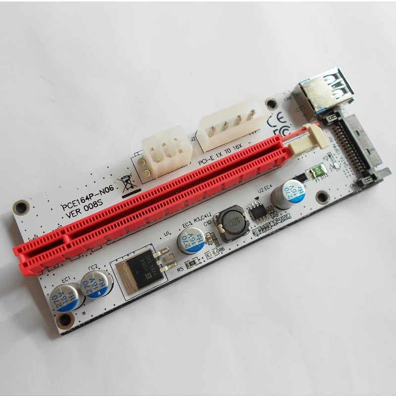 100 шт./лот VER008S 008 PCI Express PCIE E Райзер карта 008s адаптер Molex 4pin SATA 6PIN 1x до 16x светодиодный