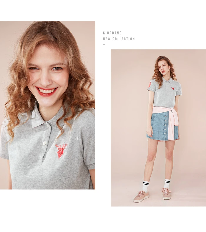 Giordano женская футболка Polo с короткими рукавами и вышивкой оленьей головы на груди, выполнена из хлопка и спандекса, есть несколько цветов и моделей данной футболки