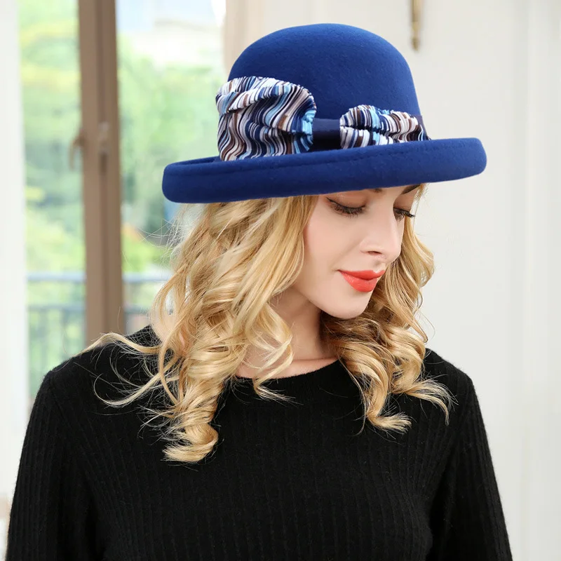 

Lady Bowknot Wool Fedoras Hat Female Autumn Winter High Fashion Warm Dome Fedora Hats Ladies Casual British Vintage Cap H6829
