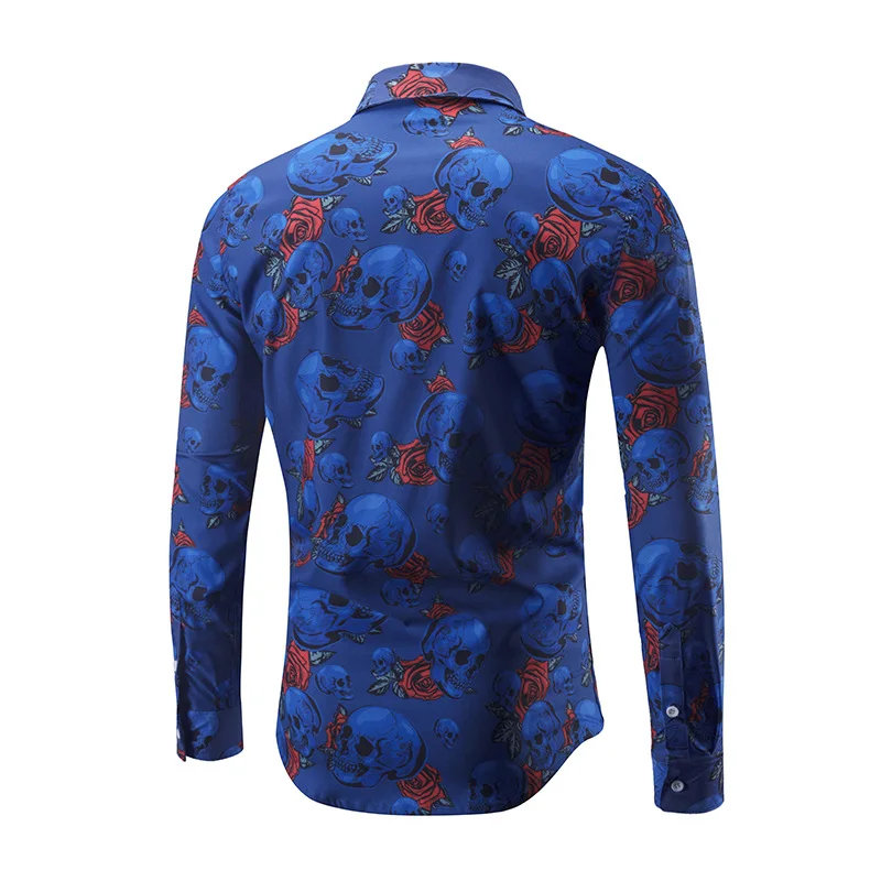 Skull Rose Floral Shirts Men Long Sleeve Slim Fit 3D Casual Tops Camisas Hombre Autumn Shirt Chemise Male Clothing | Мужская одежда