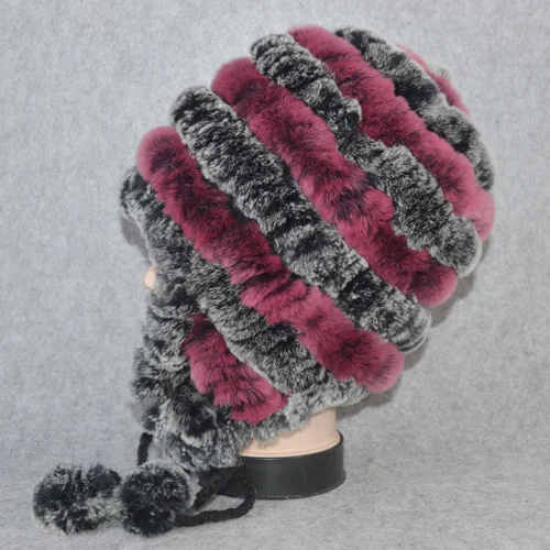 gray and rose red Качественная зимняя шапка для девочек, настоящий мех кролика, женская вязаная шапка из натурального кролика Рекс, меховые шапочки, теплые шапки из натурального меха - Цвет: gray and rose red