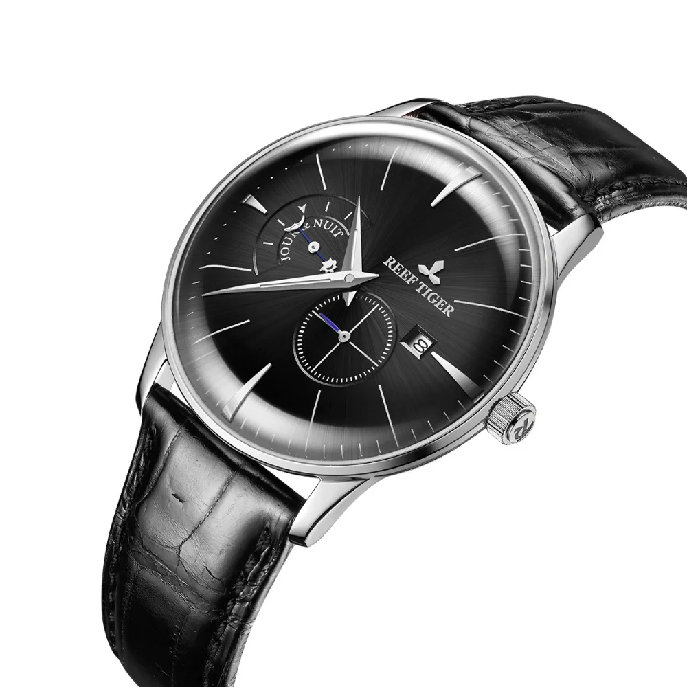 Риф Тигр классический Serier RGA8219Men модный бизнес ультра тонкий чехол автоматические механические наручные часы с циферблатом день ночь silvr