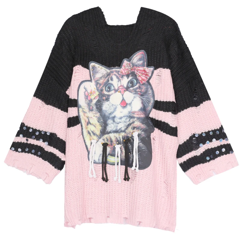 7Mang 2018 Women Sweet Black Long Sweater O Neck Loose Cartoon Cat Knit Pink Harajuku Cute Fringe Sweaters 1222 | Женская одежда