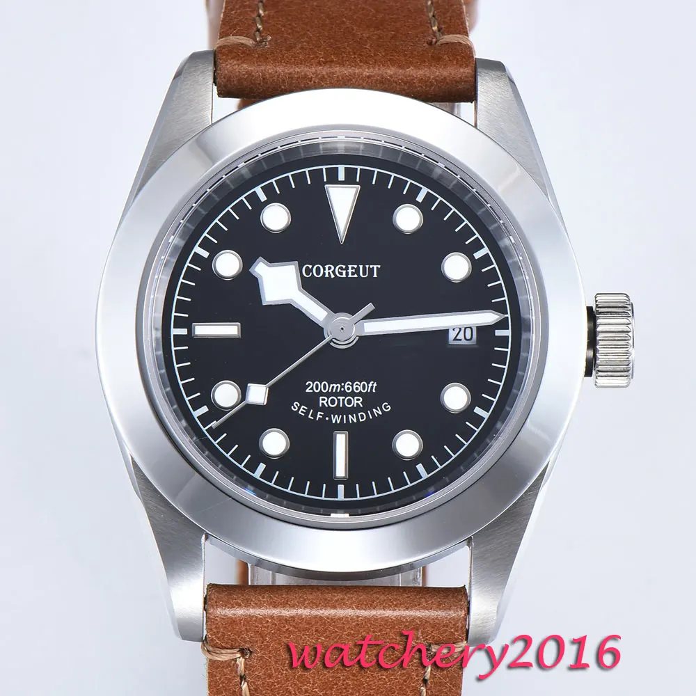 41mm Corgeut Black Dial Luminous Hands Leather Deployment Bucket SS Case Complete Calendar Miyota Automatic Movement Men's Watch |