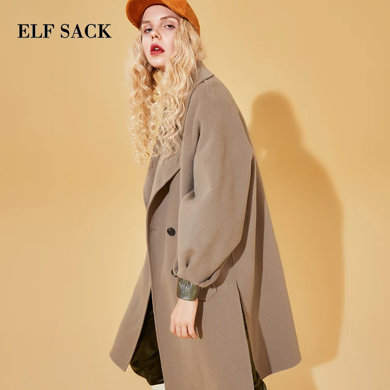 Женское шерстяное пальто ELFSACK однотонное повседневное двубортное в европейском