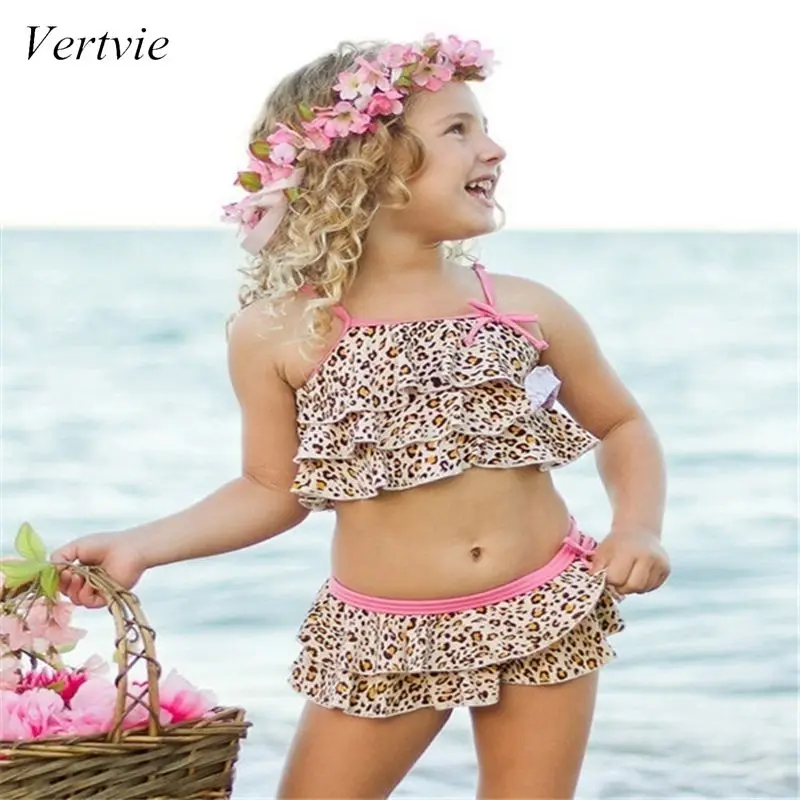 Vertvie Summer Baby Kids Girl Two Piece Swimsuit Child Swimwear Water Sport Swim Dress Beach Leopard Bathing Costume