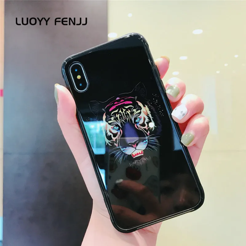 LUOYY FENJJ Luminous Tiger Case for IPhone 6 6s Plus 5 5s SE Hard PC Back Cover Tempered Glass 7 8 X Coque |